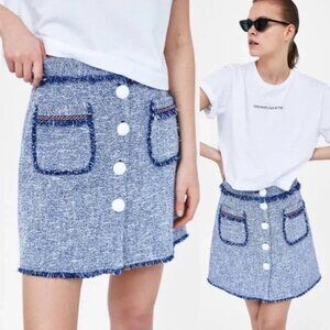 New Zara Blue Tweed Fringe Button Front Skirt